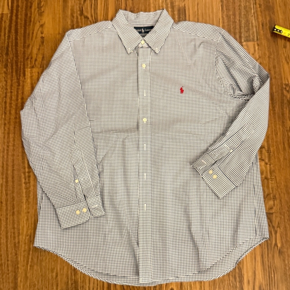 Polo Ralph Lauren Navy Gingham Men’s Dress shirt EUC size 17 32/33